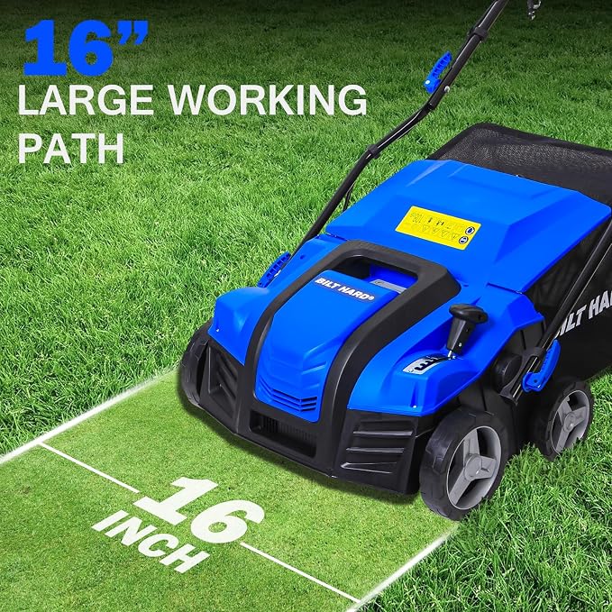 BILT HARD 16 Inch Dethatcher Scarifier Electric Powered, 15 Amp Copper Motor, 5-Position Depth Adjustment, 14.5 gal Thatch Bag, 2 in 1 Walk Behind Thatch Removing Machine for Lawn