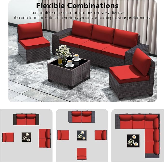 Patio Furniture Set 6 Pieces Outdoor Sectional Sofa Set,PE Rattan Wicker Patio Conversation Set with Thickened Cushions and Glass Coffee Table,Red