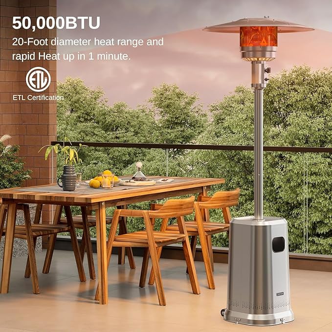 EAST OAK Anti-rust 50,000 BTU Patio Heater for Outdoor Use With Double-Layer Stainless Steel Burner, Round Table Design and Wheels, Outdoor Patio Heater for Home and Commercial, Stainless Steel