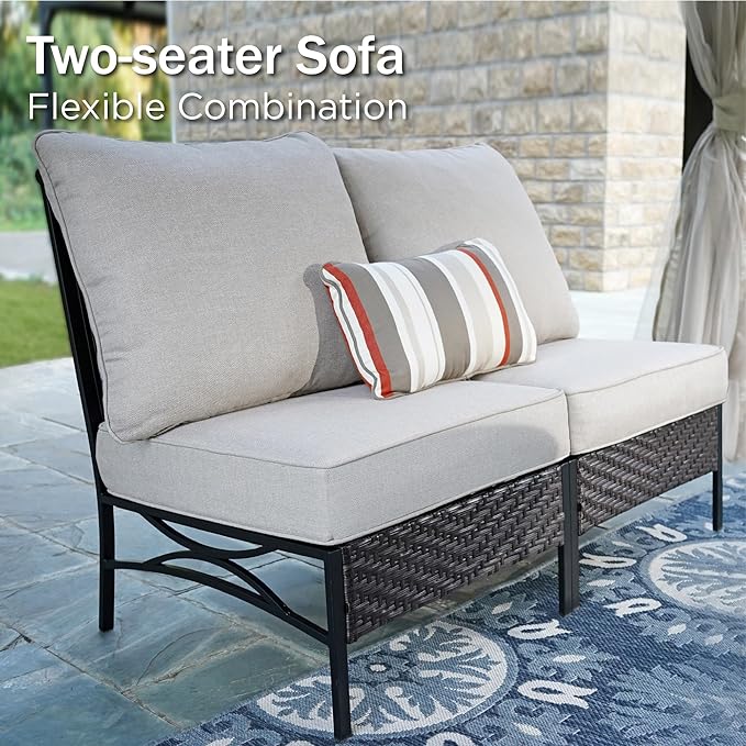 PHI VILLA Patio Sofa Outdoor Furniture, All-Weather Rattan & Metal 2 Seater Sofa with Cushions & Lumbar Pillows, Arm Lounge Loveseat for Patio, Balcony, Backyard, Deck, Poolside