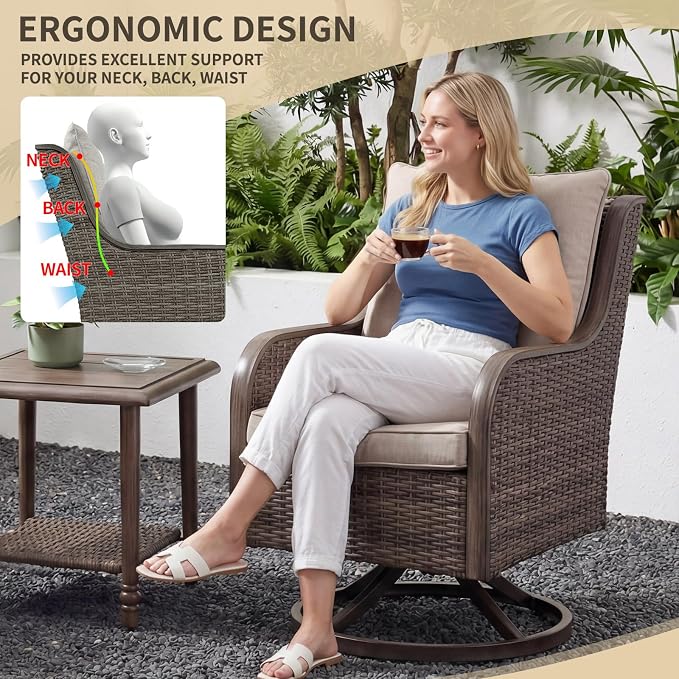 Loungewave Swivel PE Wicker Chairs, 3 Piece Patio Furniture Set, Outdoor Swivel Chairs Set of 2 with Rattan&Metal Side Table, Outdoor Furniture Set for Porch Balcony Garden Poolside (Brown/Beige)