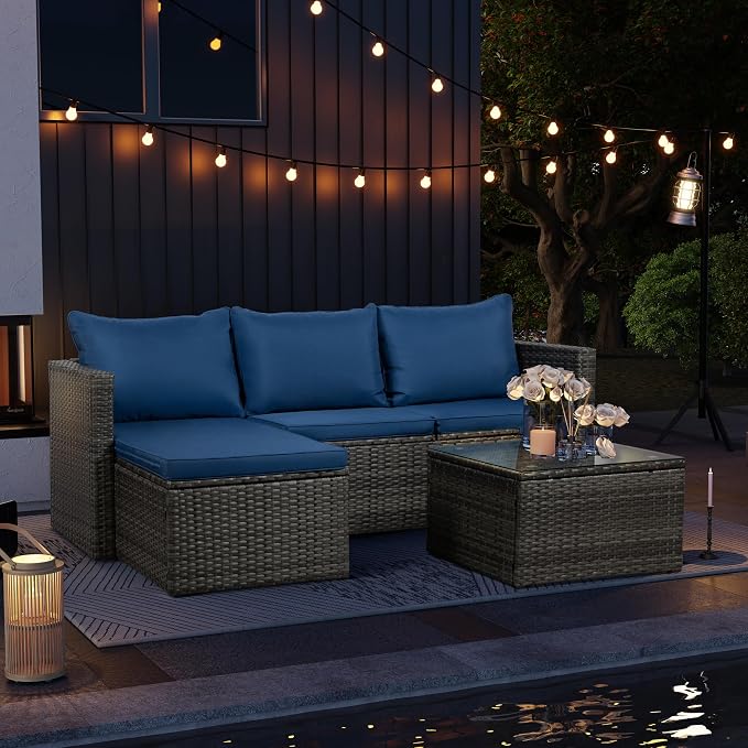 SUNLEI 3-Piece Patio Sectional Sofa, Patio Furniture Set with Detachable Soft Cushions, Outdoor PE Rattan Patio Conversation Sofa Set with Glass Coffee Table & Ottoman, Silver Rattan/Blue