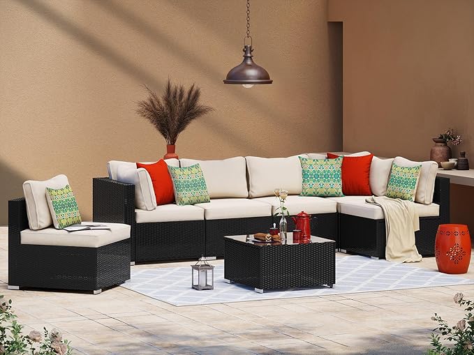 LAUSAINT HOME 7-Piece Patio Furniture Set, PE Rattan Outdoor Patio Furniture All Weather Outdoor Sectional Conversation Sets with 6 Chairs and 1 Tempered Glass Table for Garden (Beige)