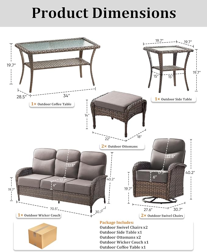 7-Piece Luxury Patio Furniture Set with 6-Inch Thick Cushions, High-Back Outdoor Sofa & Swivel Rocking Chairs w/Wicker Coffee Table, All-Weather Conversation Set for Porch, Deck, Yard – Gray