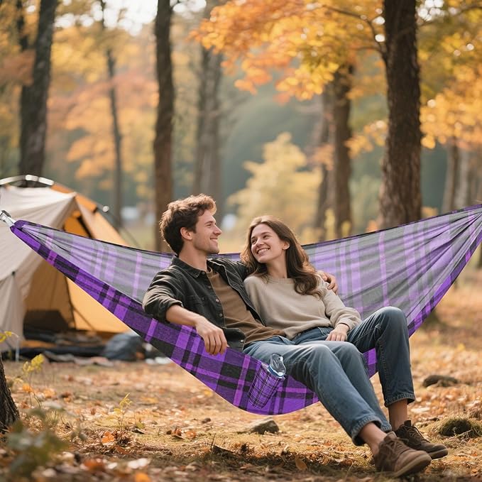 Vintage Buffalo Plaid Checked Purple 330lb Capacity Hammocks with Hanging Rope Fabric Hammock for Indoor Outdoor Patio Base para hamaca