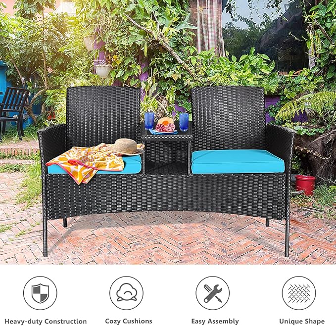 COSTWAY 2-Seat Patio Conversation Sets, Outdoor Patio Loveseat Set with Removable Cushions & Built-in Coffee Table for Backyard, Garden, Lawn, Balcony, Brown+Turquoise