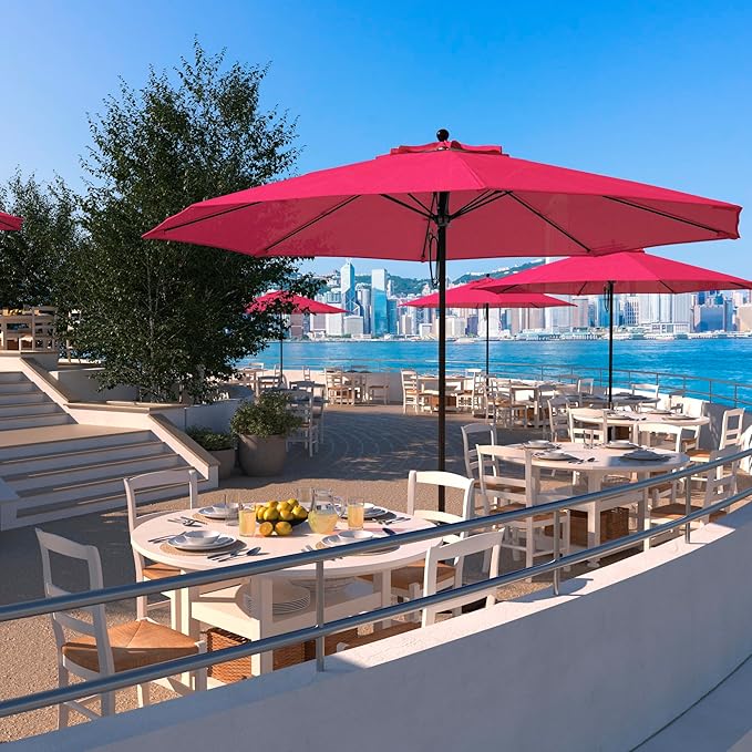 California Umbrella 11Ft Commercial Grade Sunbrella Fabric Market Umbrella, Pulley Lift, Aluminum/Fiberglass, 2mm pole wall, Bronze Frame, Hot Pink Fabric