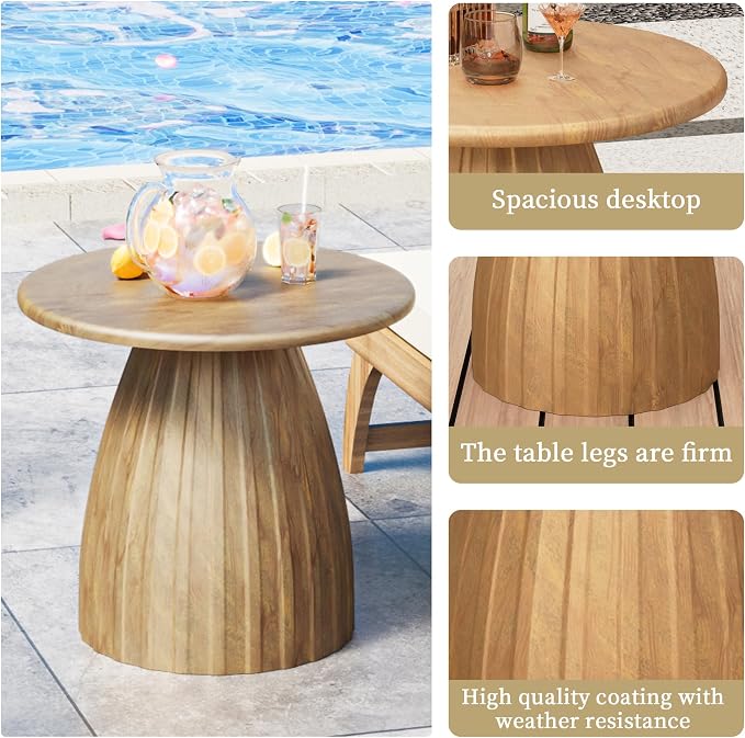 Metal Small Patio Table, Round Outdoor Side Table, Wood Color Outdoor Accent Patio End Table, for Garden, Pool, Deck, Balcony, Yard, Living Room, Weather Resistant, No Assembly