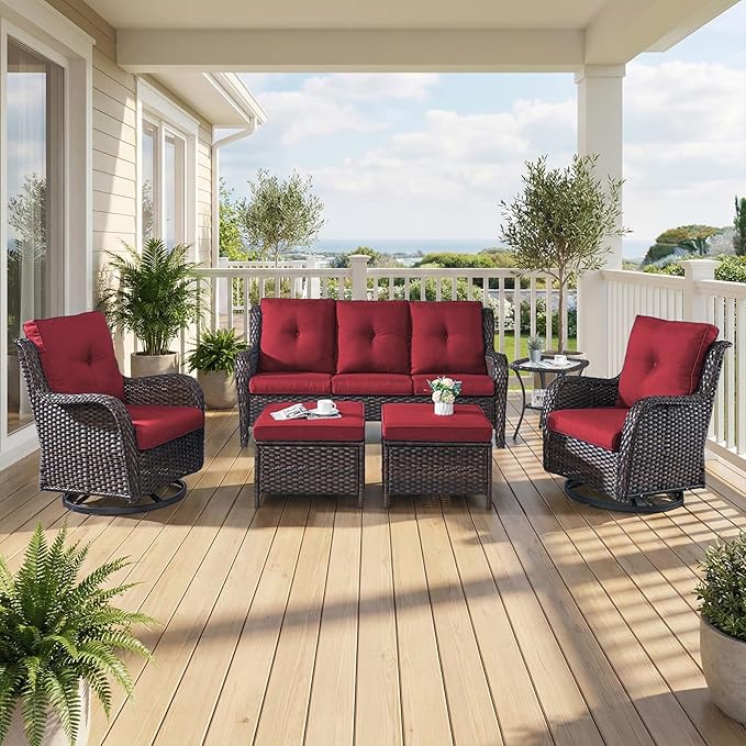 6 Piece Patio Furniture Set with Ottoman - All Weather Patio Conversation Set with 4 Inch Thick Cushions and Deep Seating Swivel Glider Chairs & Outdoor Couch for Porch Deck Yard Pool