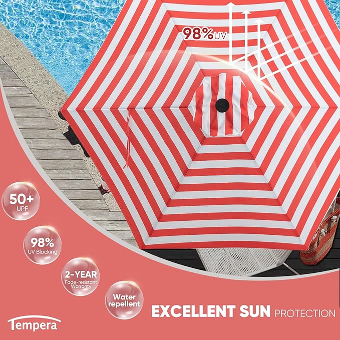 Tempera Patio Market Outdoor Table Umbrella with Push Button Tilt and Crank, Large Sun Umbrella with Sturdy Pole & Fade Resistant Canopy, Easy to Set