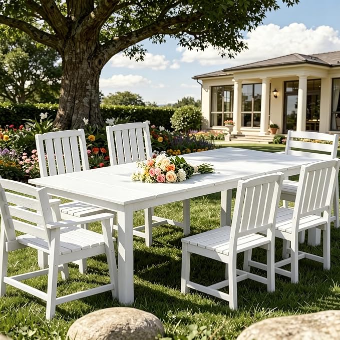 AreShark 7-Piece Outdoor Dining Set,HDPE Patio Table with 6 Chairs,All-Weather Patio Furniture Set with Umbrella Hole,Low Maintenance Wood Grain Dining Set for Backyard,Garden,Poolside,White