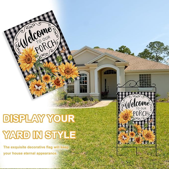 Home Decorative Welcome to Our Porch Spring Summer Sunflower House Flag, Black White Buffalo Plaid Check Yard Outside Decoration, Fall Autumn Farmhouse Outdoor Large Decor 28 x 40