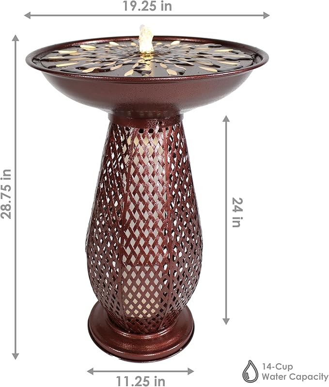 Sunnydaze Outdoor Bird Bath Water Fountain with Metal Crosshatch Design - 28.5-Inch - Includes LED Lights