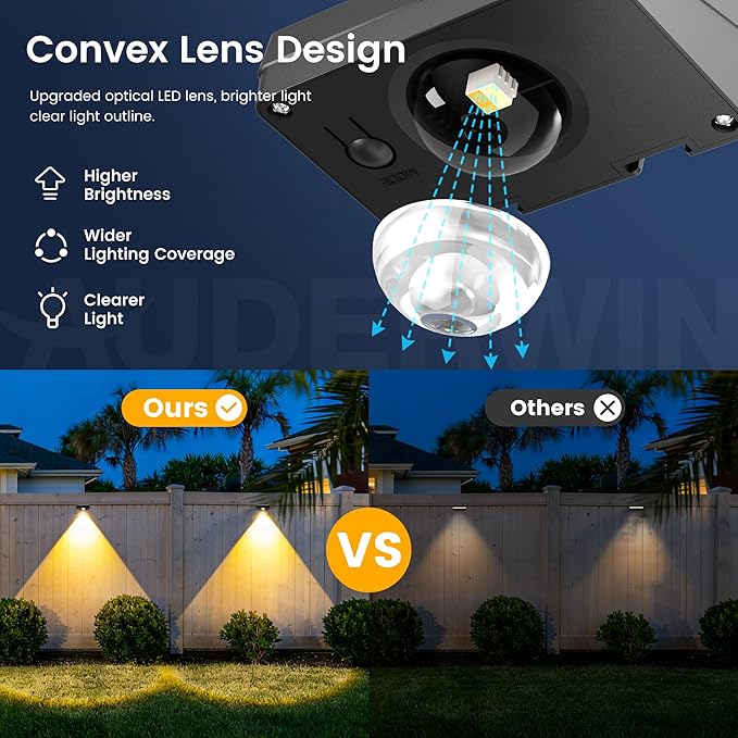 AUDERWIN Solar Fence Lights Outdoor Waterproof 12 Packs, Fence Lights Solar Powered, 3 Lighting Modes LED Lens Light for Wall, Backyard, Deck, Patio, Step, Stair, Porch, Pool Decor