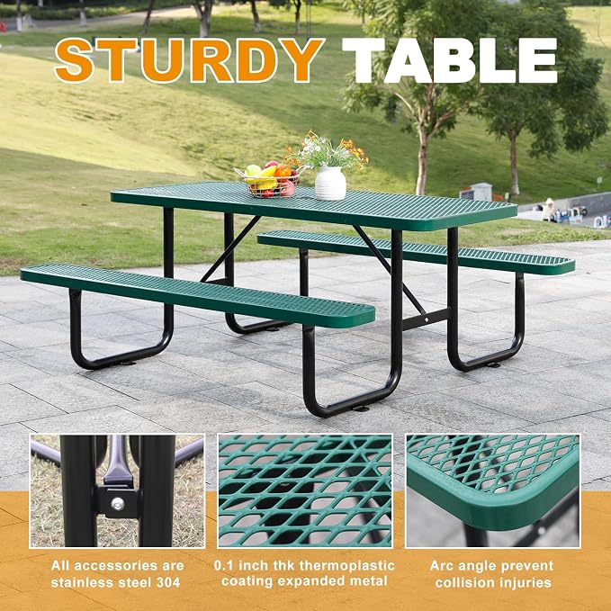 6ft Rectangular Picnic Table – Heavy-Duty Metal Mesh Outdoor Dining Table, Thermoplastic Coated Steel, Outdoor Living, Parks & Schools (Green, 6ft)