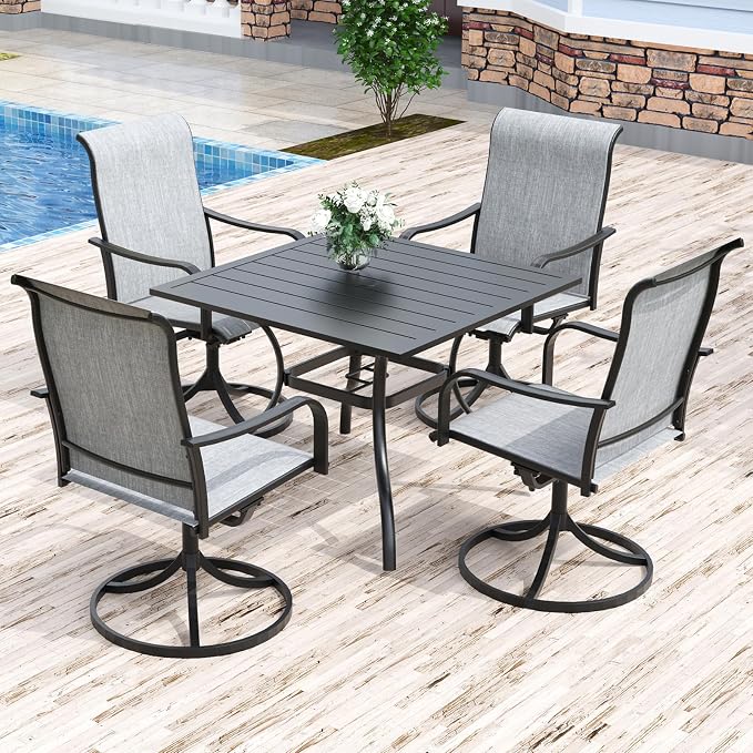 Anmutig 5-Piece Outdoor Dining Set, 35" Square Table with 4 Swivel Chairs, All Weather Frame Furniture Set, Grey