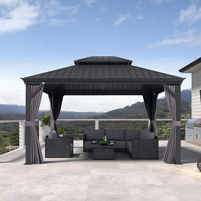 PURPLE LEAF 11 X 13' Permanent Hardtop Gazebo Aluminum Gazebo with Galvanized Steel Double Roof for Patio Lawn and Garden Curtains and Netting Included Grey