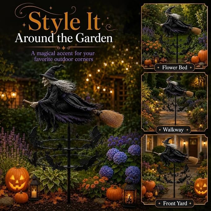The Enchanted Witch Garden Wind Spinner, Metal Halloween Yard Art Outdoor Decor, Outdoor Garden Stake Decoration, Halloween Lawn Ornament, for Garden Patio Pathway Fall Decorations (2PCS)