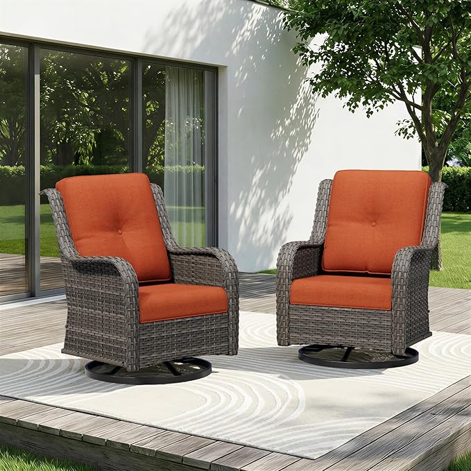 Swivel Rocker Patio Chairs Set of 2 - Outdoor Wicker Patio Furniture Set 2 Pieces with Thickened Olefin Cushions, High Back and Deep Seating, Hand-Woven PE Rattan for Porch, Deck, Orange