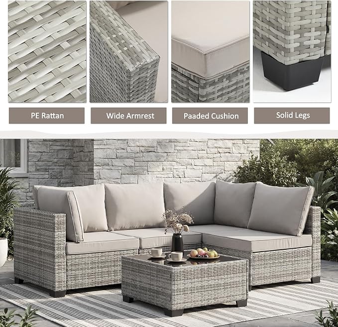ANJ 5 Piece Outdoor Wicker Patio Furniture Set, Modular Loveseat Sofa with with Glass Top Coffee Table, All-Weather Rattan Conversation Couch Set for Balcony, Backyard, Light Grey Wicker-Grey