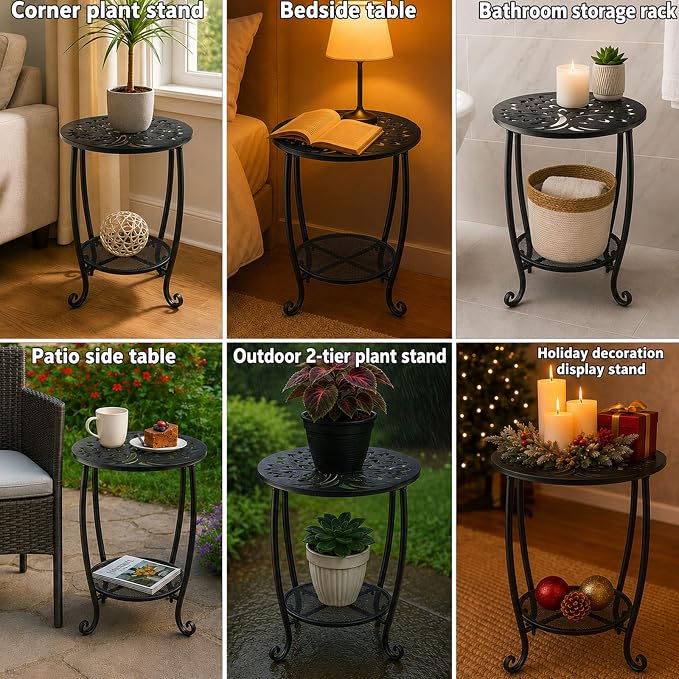 2-Tier Metal Round Side Table Black Accent Coffee Tables Small Space Corner Plant Stand Shelf for Indoor Outdoor Porch Patio Balcony Living Room End Table with Storage, Rust-Proof