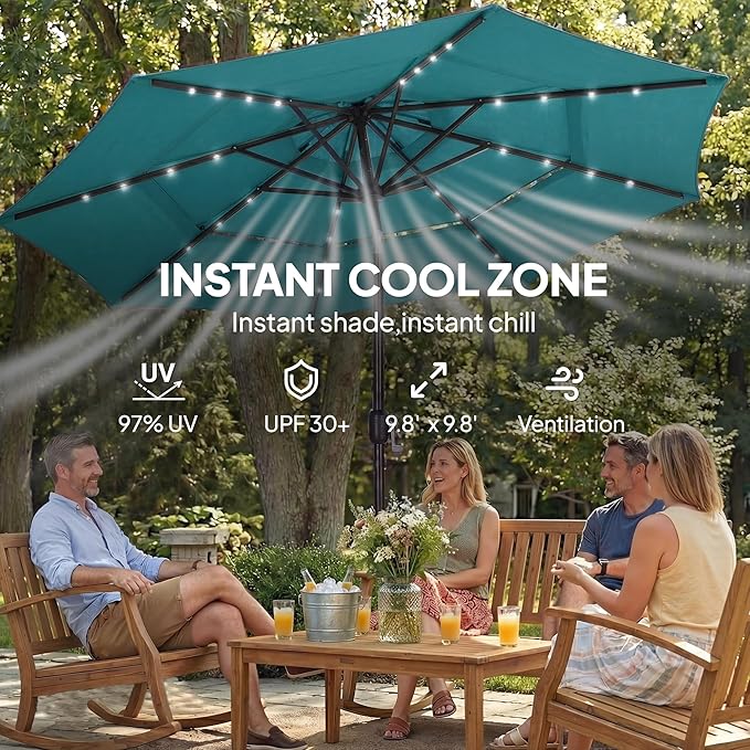 Outsunny 9.7 ft Outdoor Patio Umbrella with 32 Solar LED Lights, 3 Tier Outdoor Table Market Umbrella with Tilt and Crank, 8 Ribs for Garden, Deck, Yard, Poolside
