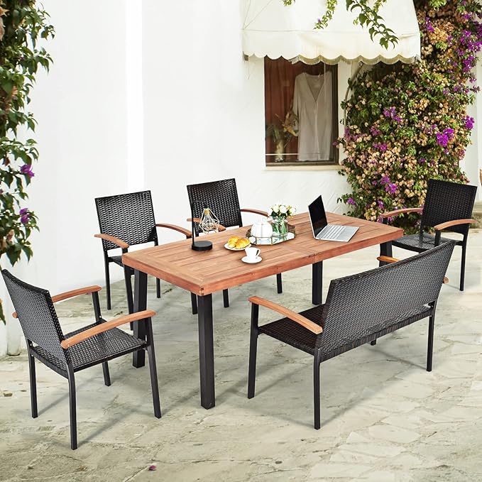 Tangkula 6 Pieces Wicker Patio Dining Set, Patiojoy Outdoor Dining Furniture w/ 1 Acacia Wood Tabletop Dining Table, 4 Stackable Chairs & 1 Rattan Bench, Backyard Garden Steel Frame Conversation Set