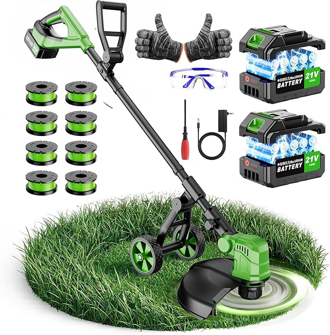 20000 RPM Brushless Battery Weed Wacker Cordless, 6000mAh Electric Weed Eater Battery Powered, Heavy Duty Brush Cutter Edger Lawn Tool/Weed Trimmer/Grass Trimmer W/Wheel Metal Blade, 2 Battery