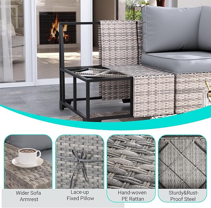9-Piece Outdoor Patio Furniture Set with Rocking Swivel Chair Wicker Sectional Sofa Set, Patio Conversation Set with Thickened Cushions & Coffee Table for Garden, Backyard, Poolside, Grey
