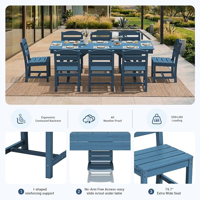 KINGYES Outdoor Armless Dining Chairs Set of 6,All-Weather HDPE Patio Chairs for Backyard,Pooside,Blue