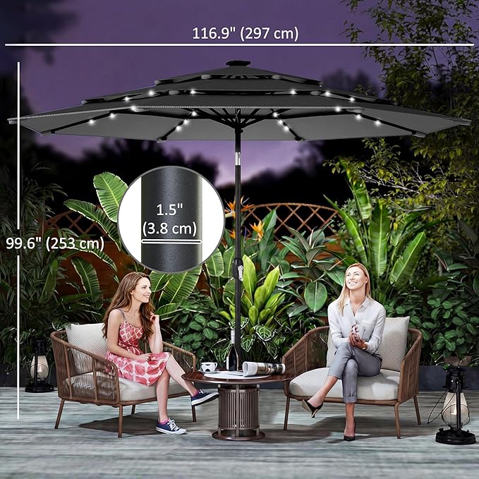 Outsunny 9.7 ft Outdoor Patio Umbrella with 32 Solar LED Lights, 3 Tier Outdoor Table Market Umbrella with Tilt and Crank, 8 Ribs for Garden, Deck, Yard, Poolside