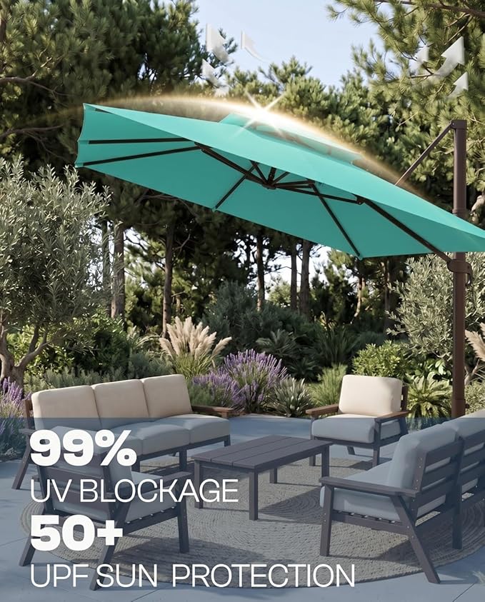 10'×10' Patio Umbrella, Double Top Aluminum Cantilever Umbrella with 360°Rotation, Offset Patio Umbrella with Easy Tilt for Pool Deck Garden Backyard, Turquoise (Base not Included)