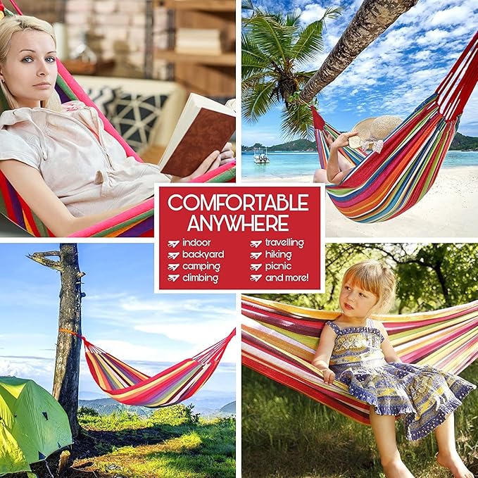 Cotton Hanging Rope Hammock, with Carry Bag and Rope Canvas Hanging Hammock, Light Portable Hammock, for Camping Beach Patio (Color : Red, Size : 190x80cm)
