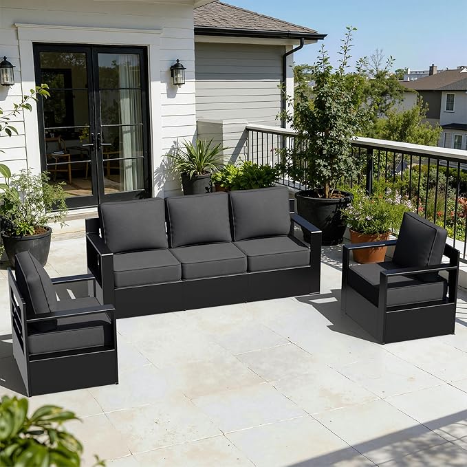 Outdoor Aluminum Furniture Set, 3-Piece Patio Conversation Set, 2 Chairs and 1 Sofa, All-Weather Metal Frame, 6" Thick Removable Cushions, Deep Setting for Garden, Poolside and Porch