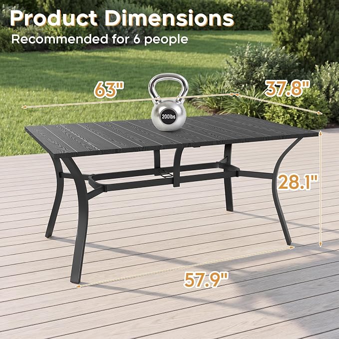 Outdoor Dining Table for 6-63" x 38" Matel Patio Table with E-Coated Finish, 1.6" Umbrella Hole for Garden, Backyard