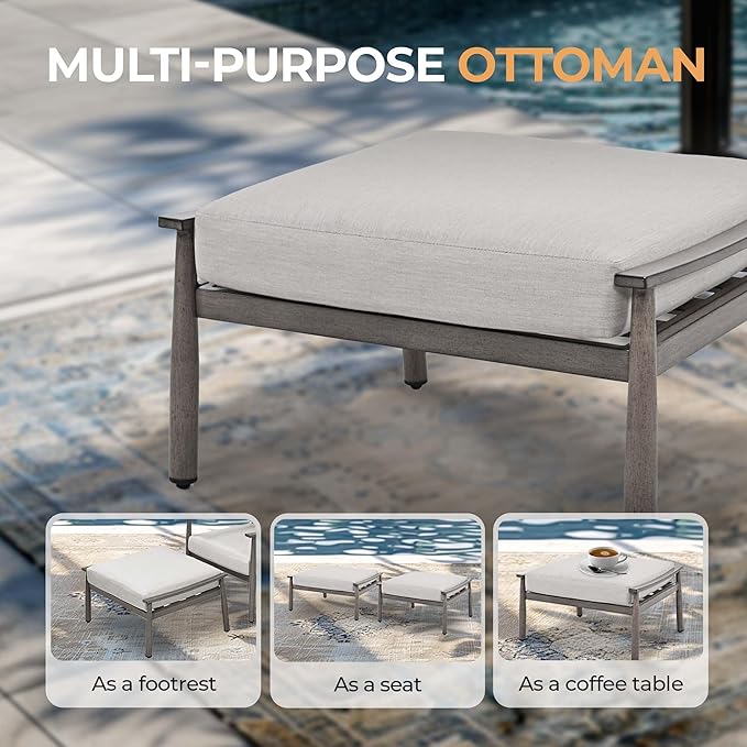 HAPPATIO Patio Outdoor Furniture Set - 6 Pieces Aluminum Outdoor Conversation Set with 1 Cushioned Loveseat, 2 Armchairs, 1 Coffee Table and 2 Ottomans for Yard, Porch, and Deck (Grey)