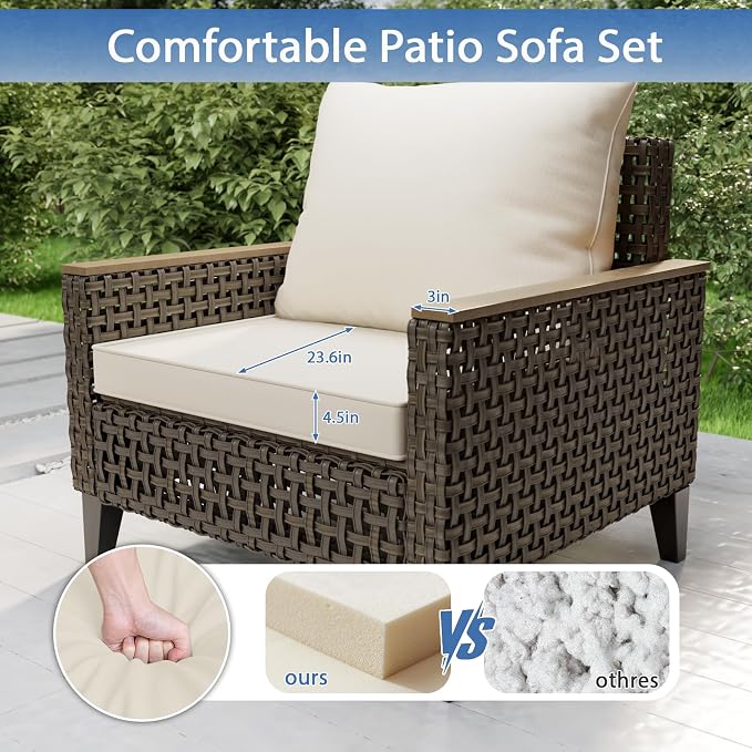 15 Piece Patio Furniture Set with 50000 BTU Propane Fire Pit Table, All-Weather Wicker Rattan Outdoor Sectional Sofa Set with High Back and Thick Cushions for Garden, Porch, Poolside, Beige