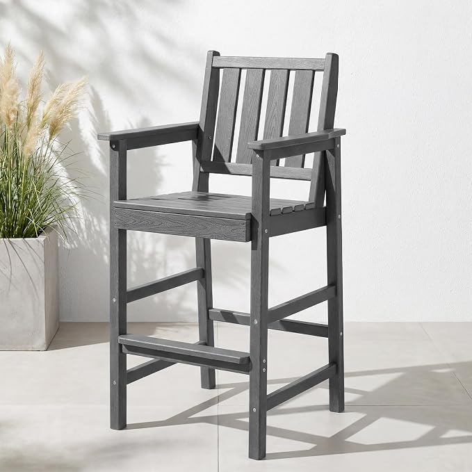 Outdoor Bar Stools, All Weather HDPE Counter Height Bar Chair with Wide Armrests & Footrest, Heavy-Duty Balcony Tall Adirondack Chair for Patio, Balcony, Pool, Backyard, Grey