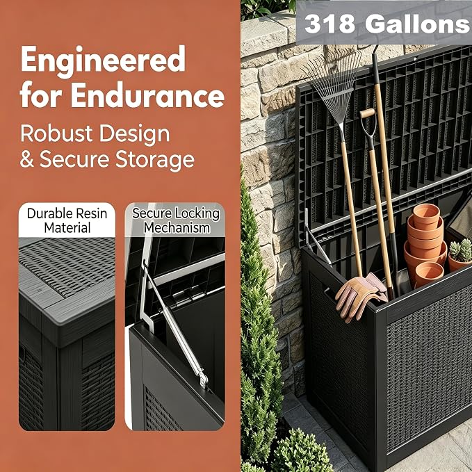318 Gallon Large Resin Deck Box – Waterproof Outdoor Storage Chest for Patio Cushions, Garden Tools & Pool Supplies, UV-Resistant All-Weather Construction, Lockable Lid & Hydraulic Rods, Easy Assembly