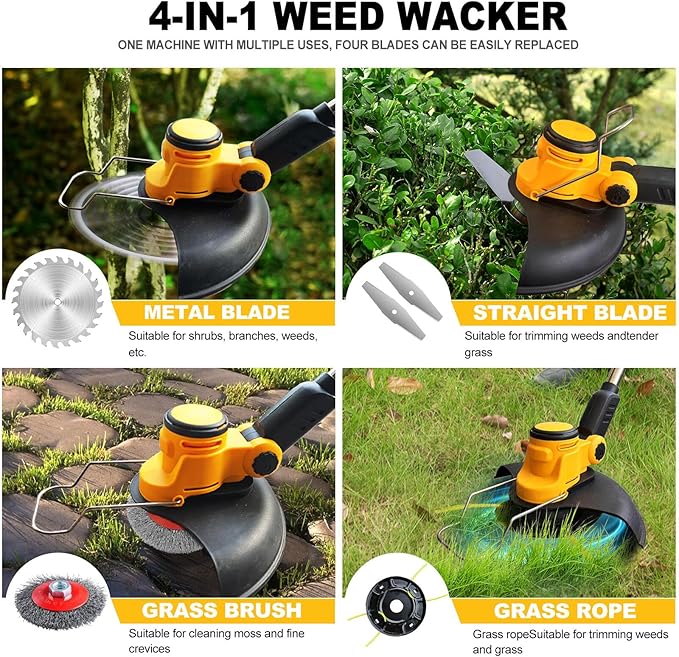 Cordless Weed Wacker for Dewalt 20V Battery, 4 in 1 Weed Eater Battery Powered, 1300W Lightweight Electric Weed Wacker, String Trimmer, Brush Cutter for Lawn, Yard and Bush Trimming (No Battery)