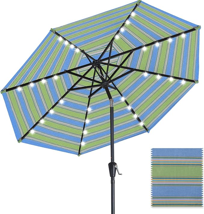ABCCANOPY OLEFIN® 5-Year No Fading Patio Umbrella with Solar Lights (Green&Yellow Stripe)