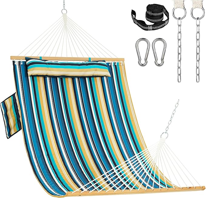 Lazy Daze Hammocks 2 Person Double Quilted Fabric Hammock with Spreader Bar, Detachable Pillow, Side Pocket, Carabiners, Chains, Straps for Outdoor, 450lbs Capacity, Beach Stripes