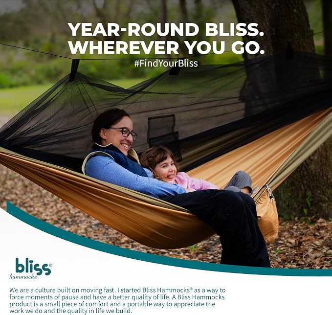 Bliss Hammocks Hammock in a Bag with Mosquito Net and Adjustable Tree Straps, Nylon Hammock for Camping and Outdoor Use, 350 Lb Capacity, Forest Green