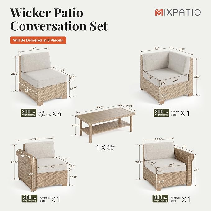 MIXPATIO Patio Furniture Set, Wicker Outdoor Furniture Sectional Sofa with Fire Pit Table, 7 Seats Patio Conversation Set with 5.5" Thick Cushion for Garden Deck Backyard, Beige