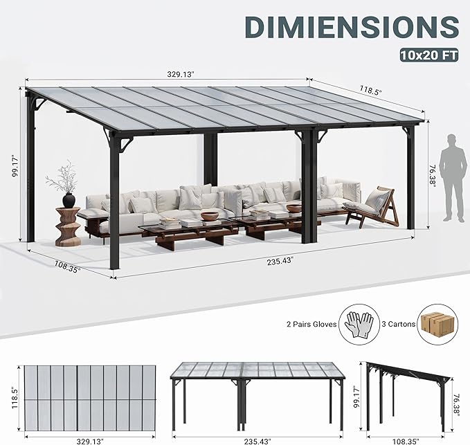 AirWire 10x20 FT Gazebo, Pergola Awnings for Patio with Hardtop Gazebos on Clearance, Patio Covers for Shade and Rain, Lean to Gazebo Sunroom Patio Canopy Outdoor Pergolas for Patios, Decks, Backyard