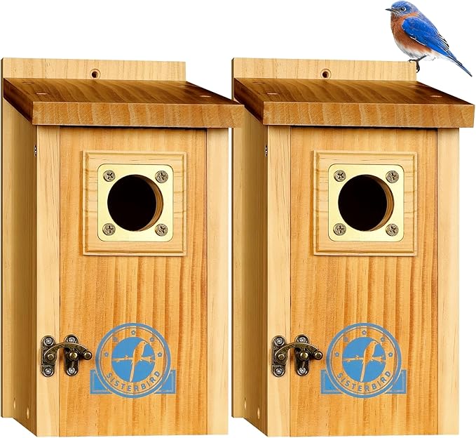SISTERBIRD Pack of 2 Premium Bluebird Houses for Outside, Assembled Bird House Gift, Garden Decoration Bluebird House, Copper Predator Guard, Easy to Clean Bird Nesting