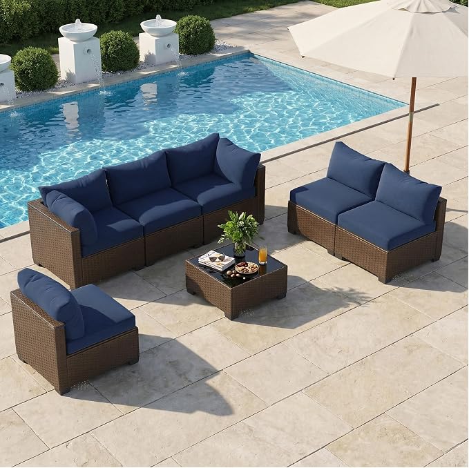 Patio Furniture Set, 7-Piece Outdoor Sectional Couch with Coffee Table & Thick Cushions, Outdoor Wicker Conversation Set for Backyard, Poolside, Garden (Brown-Navy, 7 Piece-Single)