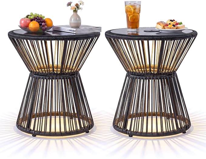 Tangkula Outdoor Side Table with LED Warm Light, PE Rattan Hourglass-Shaped End Table with Tempered Glass Top, Battery Operated Accent Coffee Table for Patio, Porch, Balcony & Living Room (2)