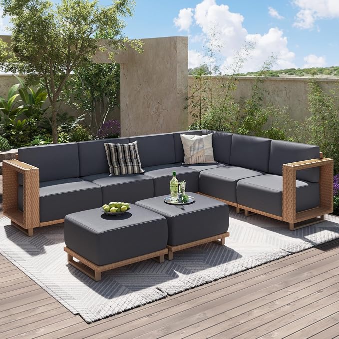Aoxun Patio Furniture Set, 8 Piece Outdoor Wicker Sectional Sofa Set, All-Weather Rattan with 10'' Ultra-Thick Cushions, Outdoor Conversation Set for Backyard, Poolside and Garden, Yellow/Dark Gray