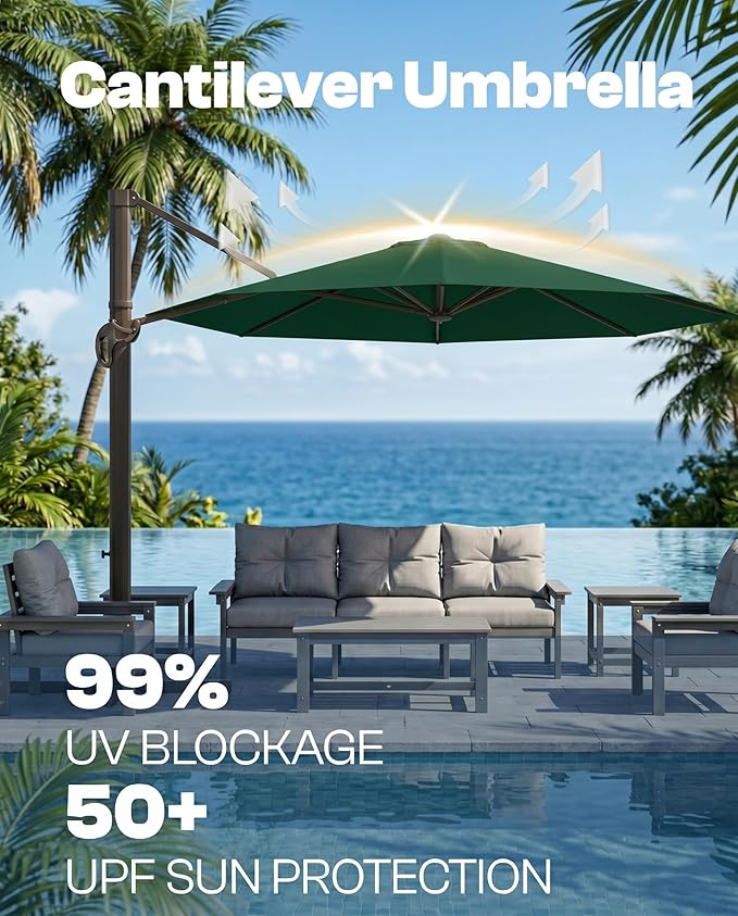 11 FT Round Cantilever Umbrella,Easy Tilt, Fade Resistant & 360° Rotation, Offset for Pool Deck Backyard Patiodark green (Base not Included)